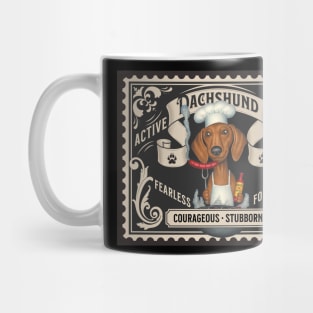 Funny Doxie dog grilling a hot dog on vintage stamp design Mug